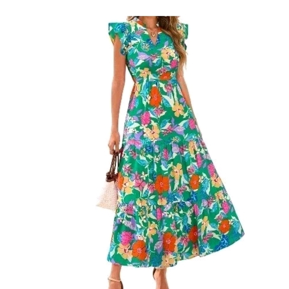 PrettyGarden Dresses & Skirts - PRETTYGARDEN Women Floral Boho Maxi Dresses Short Sleeve V Neck Size XXL